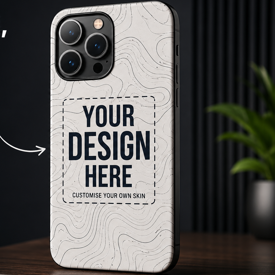 A customizable phone case mockup shown on a dark smartphone, with promotional text on the left reading 'YOUR DESIGN, YOUR STYLE. CUSTOMISE YOUR OWN SKIN AND MAKE IT UNIQUE.