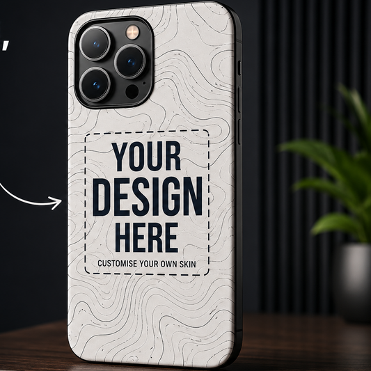 A customizable phone case mockup shown on a dark smartphone, with promotional text on the left reading 'YOUR DESIGN, YOUR STYLE. CUSTOMISE YOUR OWN SKIN AND MAKE IT UNIQUE.